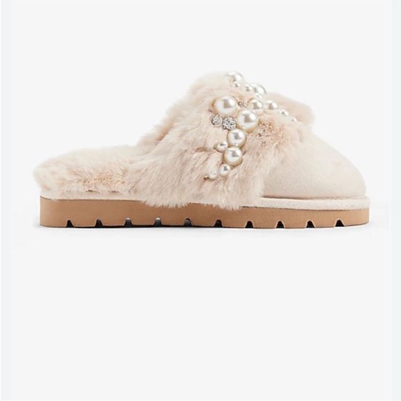 Express Cream Pearl Embellished Slippers - Picture 2 of 10
